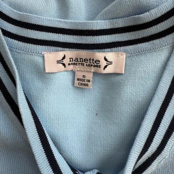 NANETTE LEPORE TIE NECK SWEATER SHEER PUFF SLEEVES LIGHT BLUE SMALL - Picture 7 of 9